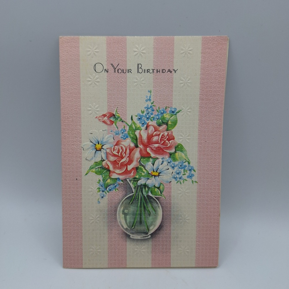 Vintage Sunshine Line Birthday Card Floral Roses Blue Flowers Religious‎ Verse